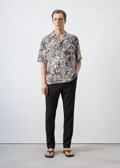 Mango Printed Flowing Shirt With Bowling Collar In Beige