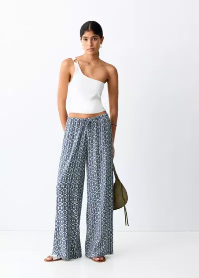 Mango Printed Linen Pants In Blue