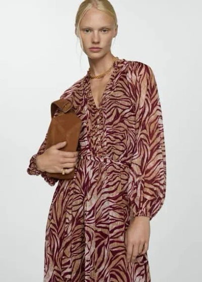 Mango Printed Long Dress Maroon In Grenat