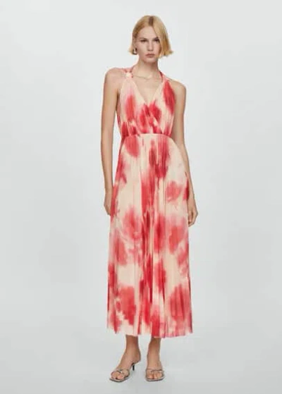 Mango Printed Pleated Dress Coral Red