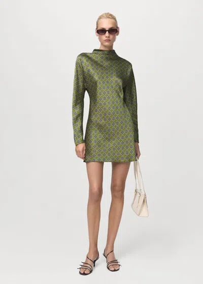 Mango Printed Satin Dress With Perkins Collar Green