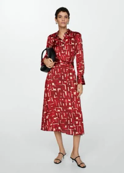 Mango Printed Shirt Dress Maroon In Grenat