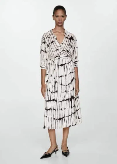 Mango Print Tie Waist Long Sleeve Shirtdress In Off White