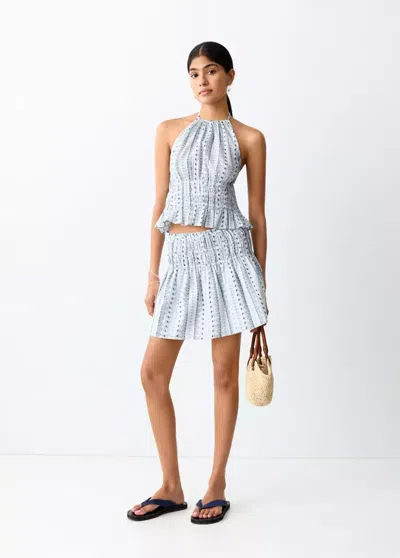 Mango Printed Skirt With Ruched Waist In Blue
