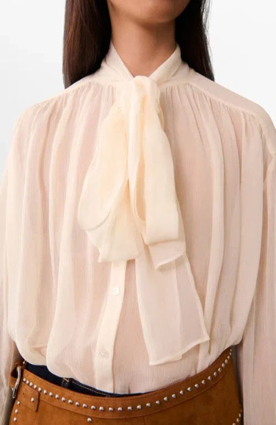 Mango Puff Sleeve Tie Neck Button-up Shirt In Off White