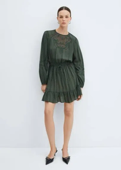 Mango Puff-sleeved Embroidered Dress Green