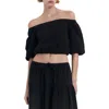Mango Puffed Off The Shoulder Crop Top In Black