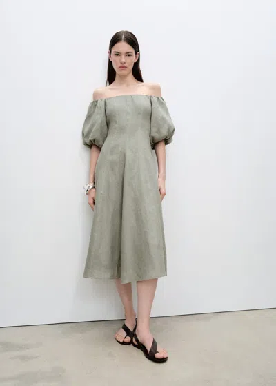 Mango Puffed Sleeve Linen Dress Green