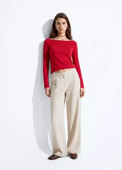 Mango Pull 100 % Coton Col Bateau In Red