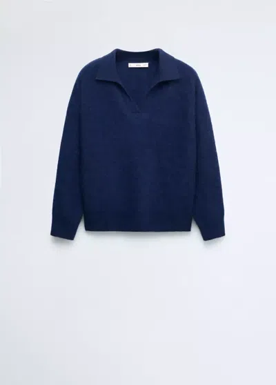 Mango Pull 100% Laine Col Polo In Bleu Encre
