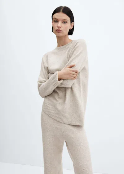 Mango Round-neck Knitted Sweater Beige In Gray