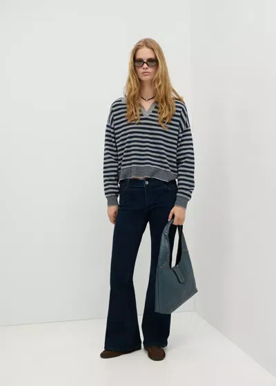 Mango Pull Col Polo À Rayures In Bleu Marine Foncé