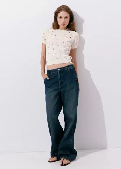 Mango Pull Côtelé Broderies Florales In Sand