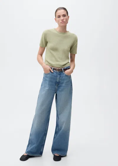 Mango Short-sleeved Knitted Cotton Sweater Aqua Green