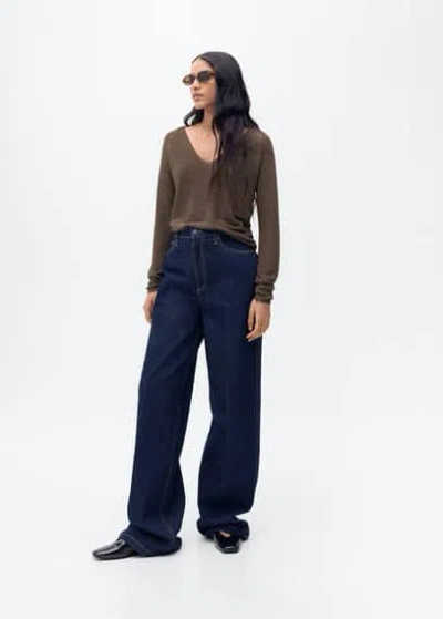 Mango V-neck Lurex Sweater Chocolate
