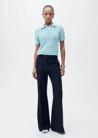 Mango Openwork Knitted Polo-neck Sweater Turquoise