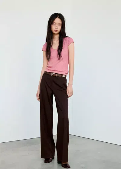 Mango Pull-over Côtelé Col En V In Fraise