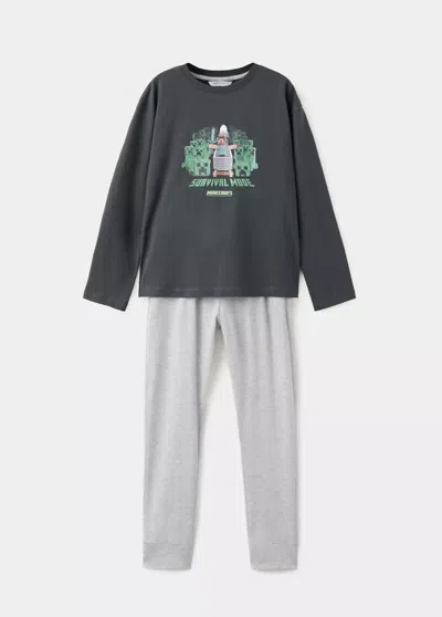 Mango Kids' Pyjama Complet En Coton Imprimé In Gris Anthracite