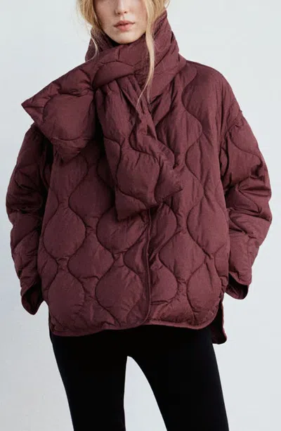 Mango Quilted Anorak With Detachable Scarf In Burgundy