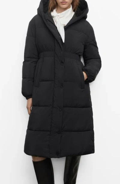 Mango Quilted Hooded Coat With Faux Shearling Trim In Black