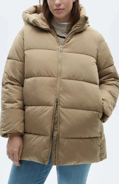 Mango Quilted Hooded Puffer Coat In Beige