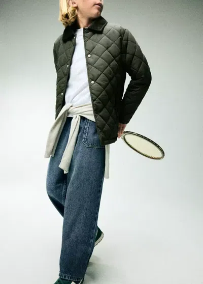 Mango Kids' Quilted Jacket With Corduroy Collar In Kaki