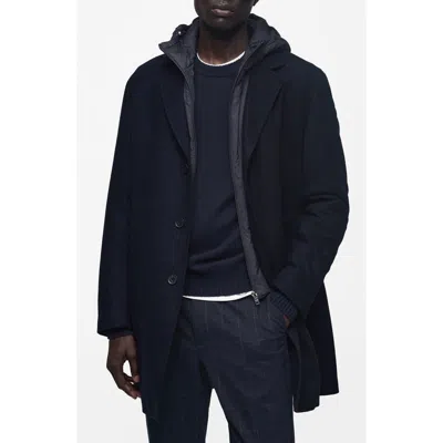 Mango Quilted Lining Wool Blend Coat With Hooded Bib In Dark Navy