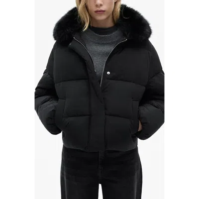 Mango Quilted Puffer Jacket With Removable Faux Fur Collar In Black