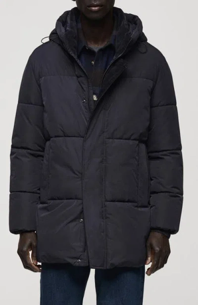 Mango Quilted Water Repellent Hooded Jacket In Dark Navy