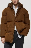 Mango Quilted Water Repellent Hooded Jacket In Tobacco Brown