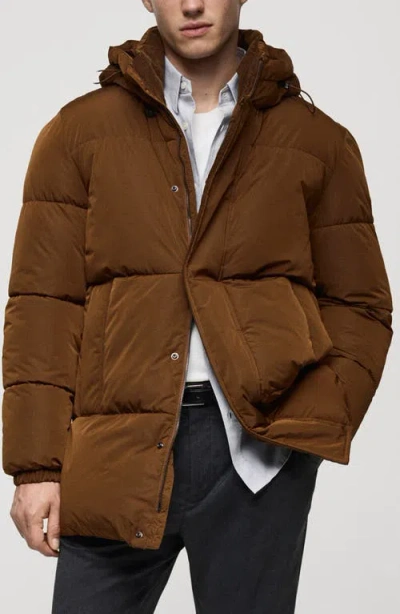 Mango Quilted Water Repellent Hooded Jacket In Tobacco Brown