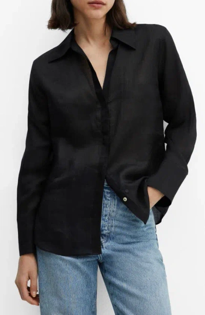 Mango Ramie Button-up Shirt In Black