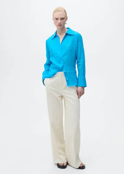 Mango Ramie Shirt With Hidden Buttons Blue