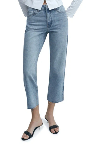 Mango Raw Hem Mid Rise Crop Straight Leg Jeans In Medium Blue