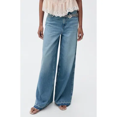 Mango Raw Hem Wide Leg Jeans In Medium Blue