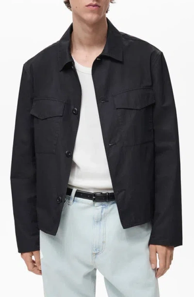 Mango Regular Fit Cotton Blend Button-up Overshirt In Black