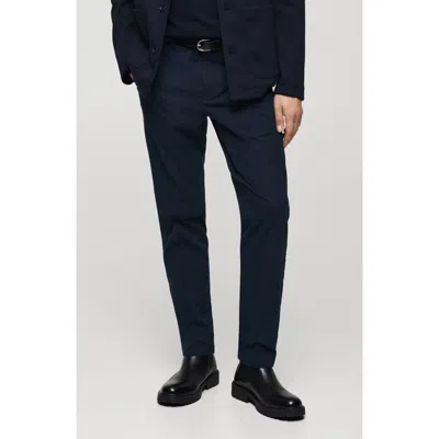 Mango Regular Fit Navy Flat Front Textured Stretch Cotton Pants In Blue