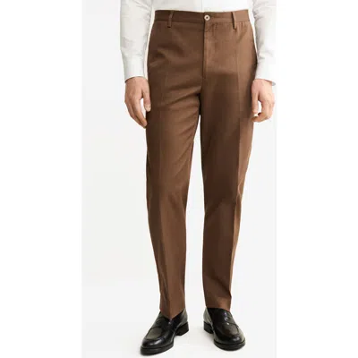 Mango Regular Fit Pleated Stretch Cotton Pants In Brown