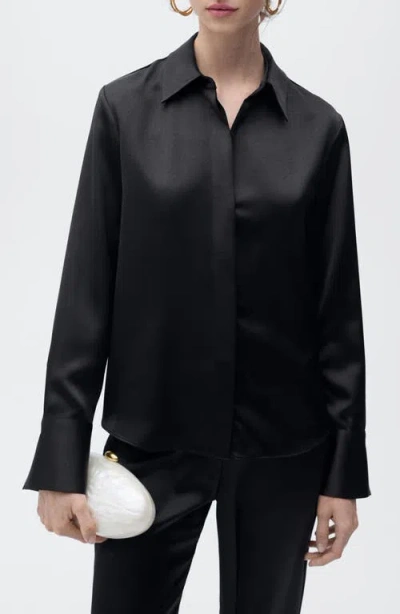 Mango Regular Fit Satin Shirt In Black
