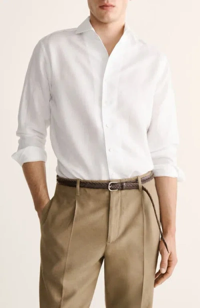 Mango Regular Fit Solid Slub Linen Blend Button-up Shirt In White