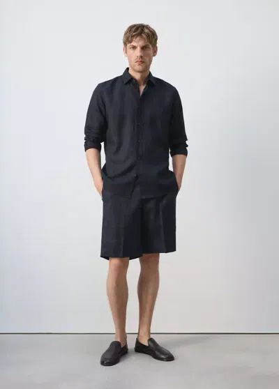 Mango Regular-fit 100% Linen Bermuda Shorts In Navy