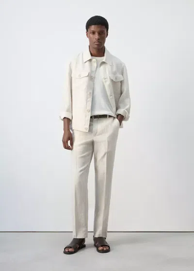 Mango Regular-fit Striped 100% Linen Pants In Ecru