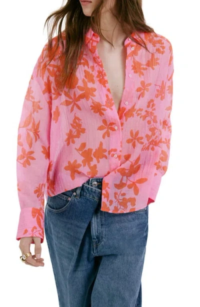 Mango Relaxed Fit Crinkle Button-up Shirt In Pink
