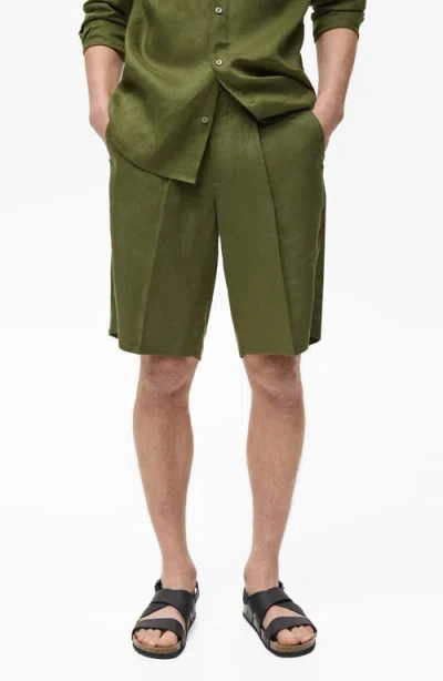 Mango Relaxed Fit Pleated Linen Bermuda Shorts In Green
