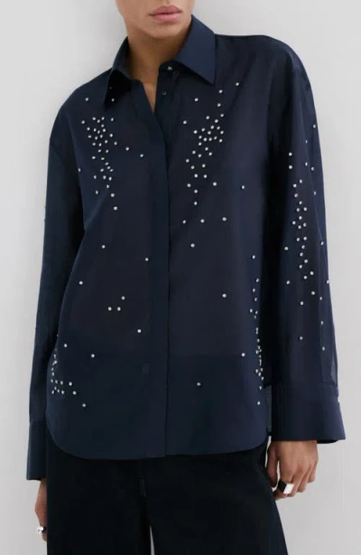 Mango Rhinestone Button-up Shirt In Blue