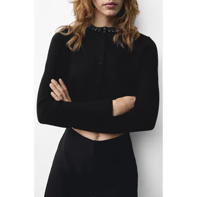 Mango Rhinestone Collar Cardigan In Black