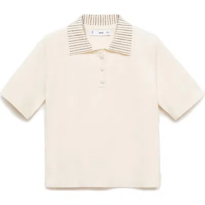 Mango Rhinestone Collar Knit Polo Shirt In Ecru