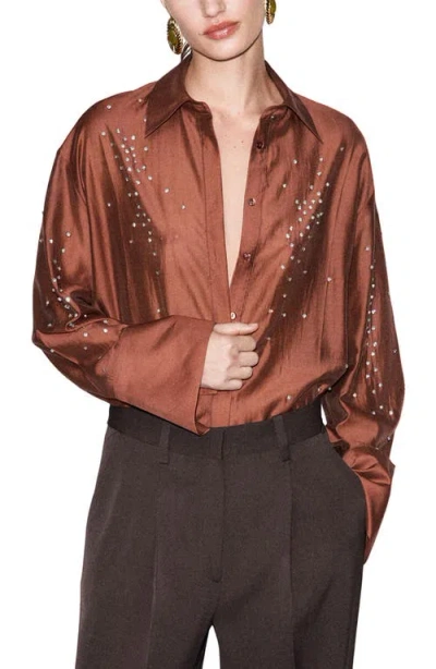 Mango Rhinestone Detail Satin Button-up Shirt In Brown