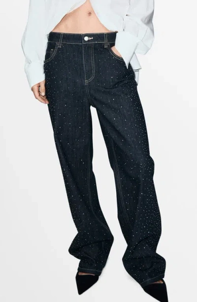 Mango Rhinestone Embellished Straight Leg Jeans In Blue