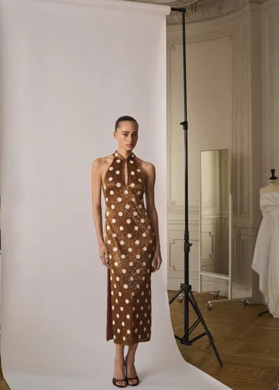 Mango Rhinestone Polka-dot Halter Dress Brown In Marron